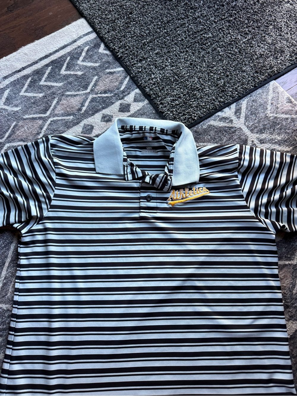 MLB Striped Polo Shirt - Black & White with Gold Accent